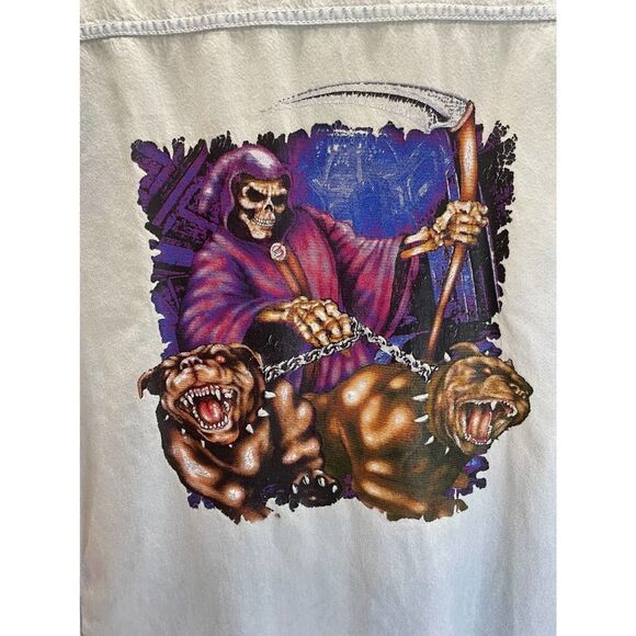 Biker Design Cut Off Light Wash Denim Shirt Graphic Skull Dogs Size Medium - Picture 7 of 10